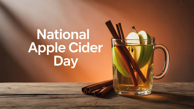 National Apple Cider Day celebration with a glass of apple cider garnished with cinnamon sticks and apple slices on a wooden table.