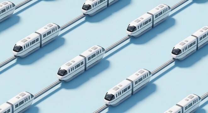 Modern White Passenger Trains Running on Parallel Tracks in Light Blue Background