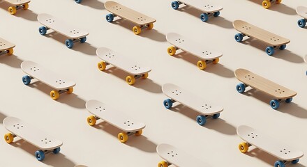 Assorted Skateboards with White Decks and Colorful Wheels Arranged in Pattern