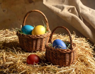 Two wicker baskets filled with colorful eggs nestle on hay, with a red egg nearby. A tan fabric drapes in the background. Lighting emphasizes texture