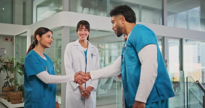Doctors, nurses and welcome with handshake in clinic for onboarding, internship and introduction. Medical staff, people and shaking hands in hospital for healthcare promotion, recruitment and hiring
