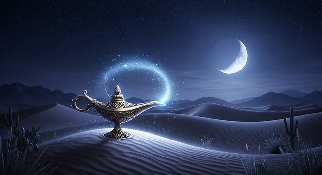 Moonlit desert scene with a glowing magical lamp, a blue ring swirls behind under stars. soft night