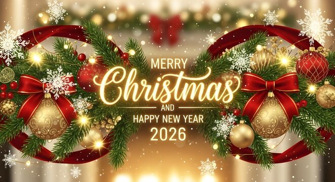 Merry christmas and happy new year 2026 with festive decorations and golden ornaments