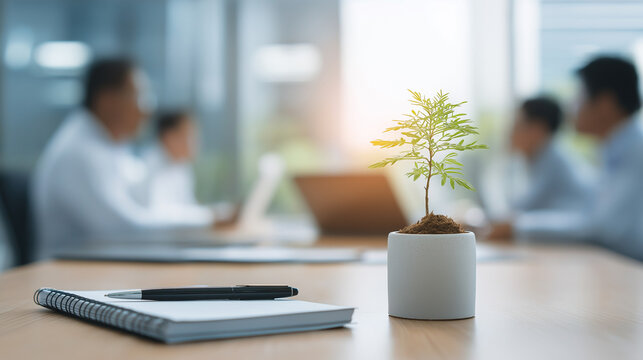 A plant, notebook, and pen with coworkers 