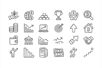 Outline icons of profit, currency, and success for corporate use