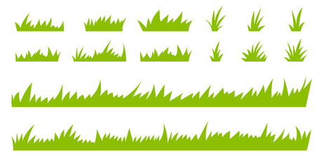 Set of flat green grass silhouette isolated on white background. Vector illustration. 