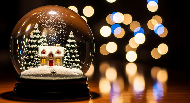Snow globe with a tiny snow-covered chalet, glowing doorway, snow, and blurred warm lights in glow!!