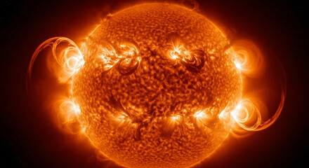 A glowing solar disk shows curling plasma loops and orange flares bursting across the corona bright