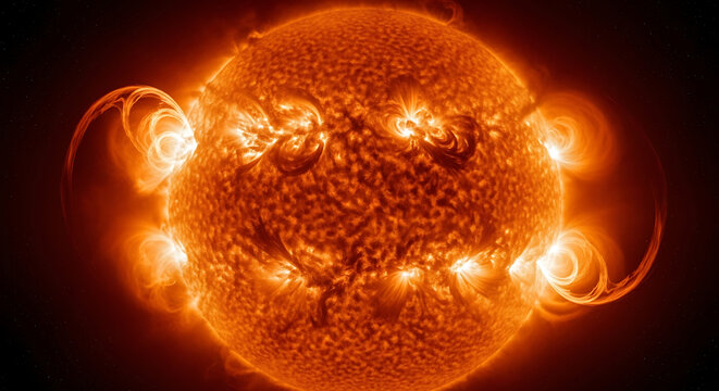 A glowing solar disk shows curling plasma loops and orange flares bursting across the corona bright