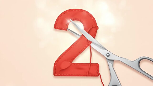 A stitched felt number two is being cut by open scissors on a bokeh background