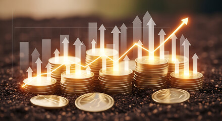 Shimmering coins rise in stacked columns with bright arrows signaling steady financial growth today