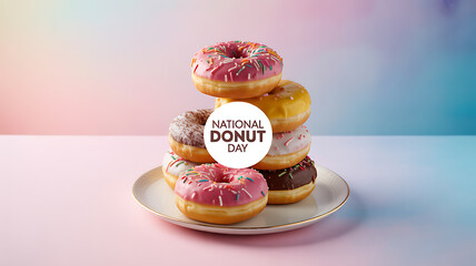 A stack of colorful donuts on a plate with a National Donut Day label, set against a soft pastel background.