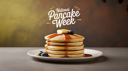 Stack of pancakes with syrup, butter, and blueberries on a plate during National Pancake Week