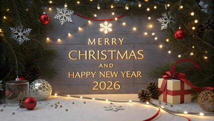Merry christmas and happy new year 2026 with festive lights and gifts