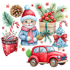 Watercolor christmas illustration with santa claus and a red car isolated isolated on transparent background