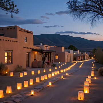 Luminarias light the way in a southwestern village at dusk during the holiday season