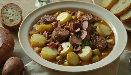 bowl of dublin coddle with sausage, potatoes, and bacon