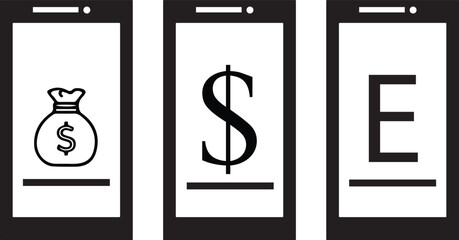 Minimal mobile payment and e-commerce icon design featuring smartphone screens with money, dollar, and letter symbols — perfect for online business, finance app, and digital transaction themes.