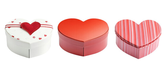 Three Heart-Shaped Gift Boxes in Red White and Pink Colors Against Transparent Background