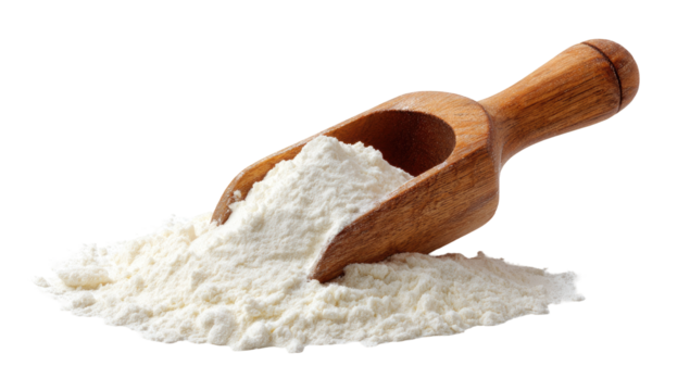 Wooden scoop filled with white flour