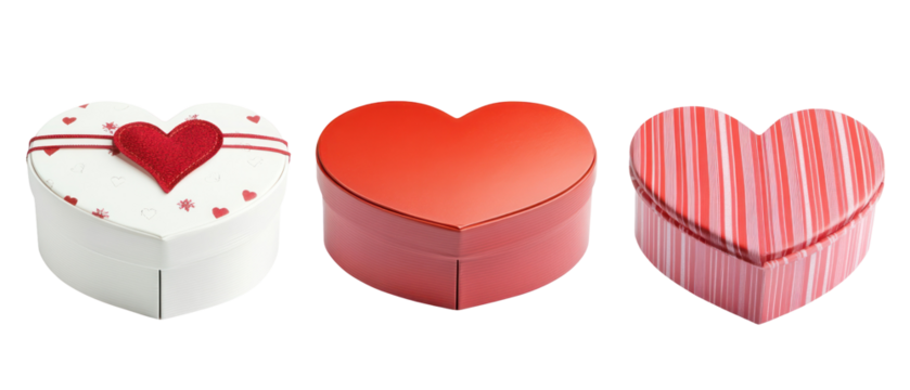 Three Heart-Shaped Gift Boxes in Red White and Pink Colors Against Transparent Background
