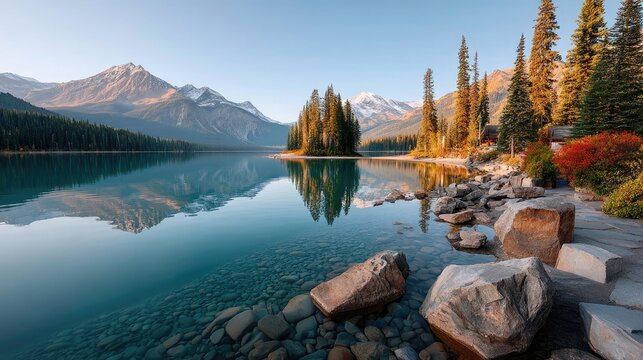 Serene Mountain Lake Reflecting Majestic Peaks and Evergreen Trees Under a Clear Blue Sky with Warm Golden Hour Sunlight Illuminating the Shoreline Rocks and Pristine Waters