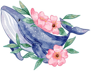 Watercolor Blue Whale with Pink Flowers Decoration.
