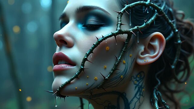 Ethereal Young Woman With Thorns And Dewdrops On Her Face In A Mystical Forest At Twilight