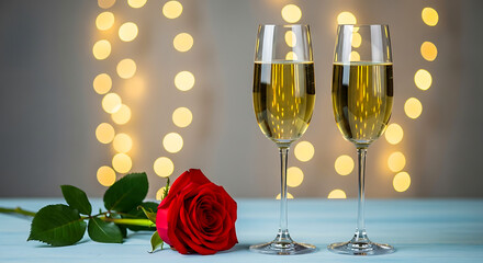 Two Champagne Glasses with Red Rose Flower and Holiday Lights – Romantic Celebration and Evening Sparkle Scene