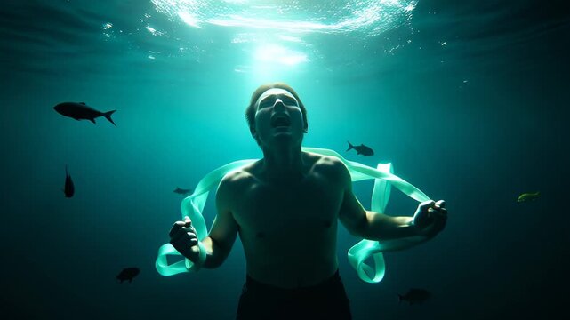 Man Underwater With Light Rays From Above And Fish Swimming Around Him In Deep Blue Ocean