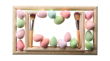 Pastel easter eggs and makeup brushes isolated on transparent background in frame