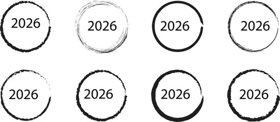 Fototapeta premium Set of Grunge Hand-Drawn Circular Frames with 2026 Year for Logos, Badges, and Design Elements