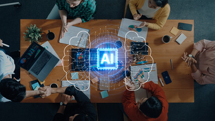 A diverse group of professionals engages in a meeting focused on artificial intelligence, sharing insights and brainstorming strategies in a modern office setting. Trope