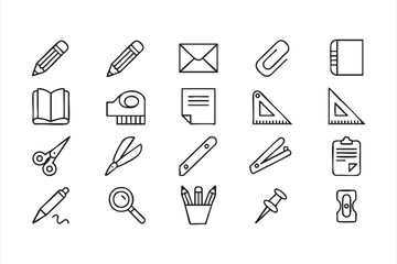 Black line stationery and office icon set for school and creative use