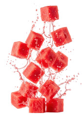 Watermelon Cubes Splashing Red Juice Against Transparent Background
