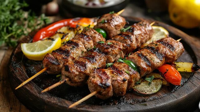 Traditional Greek kebabs served with lemon and herbs on rustic table, symbolizing authentic Mediterranean cuisine, homemade cooking, and flavorful cultural heritage of Greeces warm culinary tradition