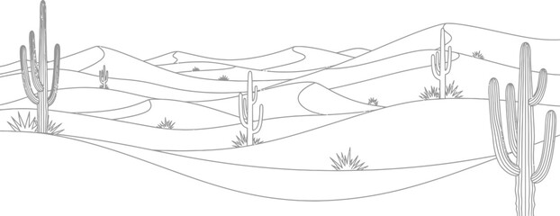 Fototapeta premium Desert landscape sand dunes cactus arid nature wilderness outline drawing art
