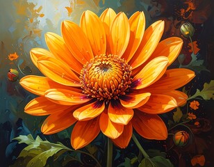 Vivid, close-up image of a large, vibrant orange flower with a textured center, petals radiating outwards. Green leaves and buds surround it against a blurred backdrop