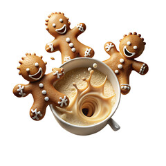 Gingerbread men diving into a cup of coffee isolated on transparent background