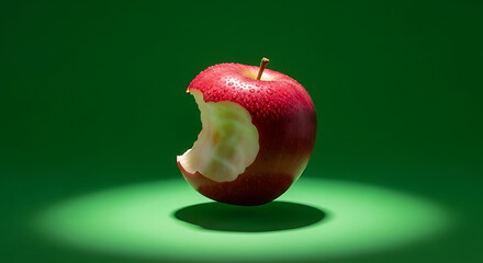 Red apple with a bite rests on a bright green backdrop, lit by a soft spotlight. Shadowed by a glow