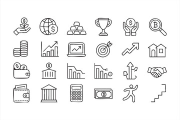 Black line finance and investment icon set for business and fintech projects