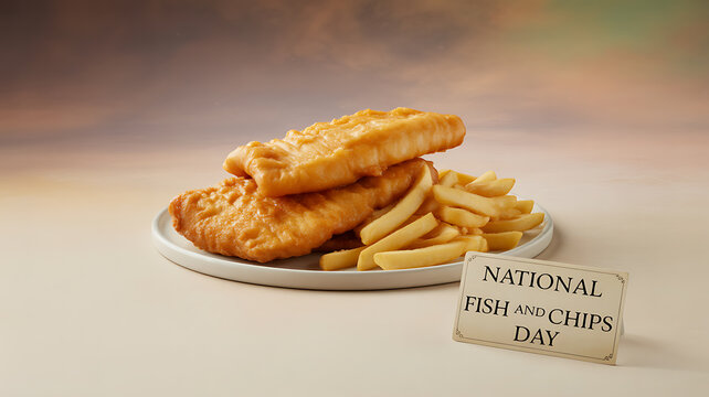 Plate of fish and chips with a sign marking National Fish and Chips Day - Powered by Adobe