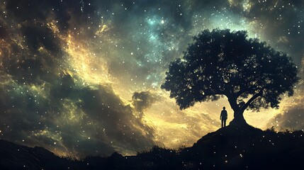 A lone figure stands beneath a silhouetted tree, gazing up at a vast, starry night sky filled with swirling nebulae and clouds.