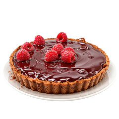 Close Up of Chocolate Tart Topped with Fresh Raspberries on White Plate with Transparent Background