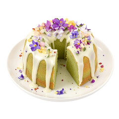 Elegant Floral Decorated Cake On White Plate with Green Sponge and Drizzled White Icing on Transparent Background