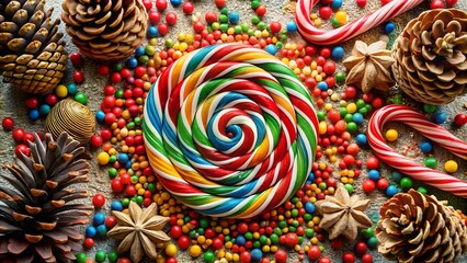Colorful lollipop surrounded by candies, pine cones, and candy canes