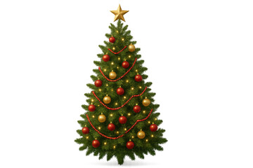 Fototapeta premium Christmas tree with golden star topper and festive red and gold ornaments, holiday season decoration