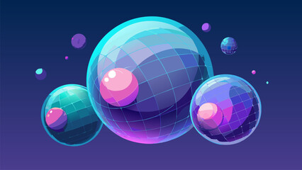 Translucent Spheres with Grid Patterns and Floating Orbs Vector Graphic. Futuristic Decorative Orbs with Grids Abstract Sphere Composition.