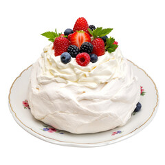 Pavlova Cake with Mixed Berries Creamy Topping Served on Decorated Plate with Transparent Background