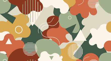 Vibrant abstract pattern with organic shapes and geometric elements in a warm, earthy color palette perfect for modern design applications